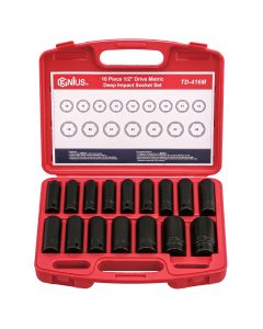 Genius Tools 16 Piece 1/2" Dr. Metric Deep Impact Socket Set - TD-416M