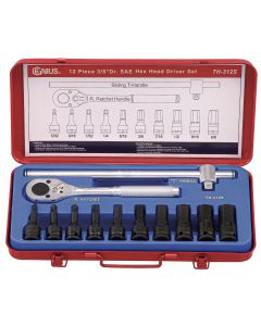 Genius Tools 12 Piece 3/8" Dr. SAE Hex Impact Bit Socket Set (CR-Mo) - TH-312S